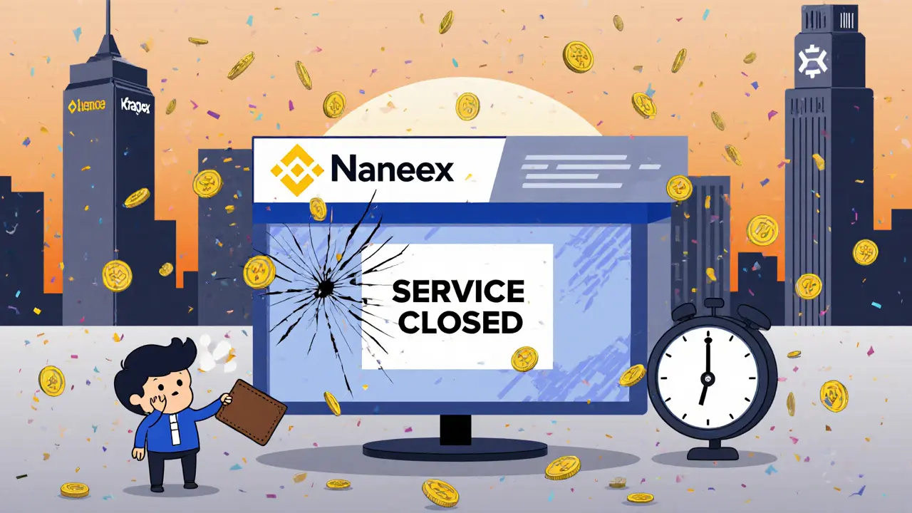 Cartoon depicting Nanex shutdown with a broken dashboard, falling Nano coins, and sad users.