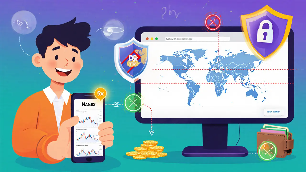 Cartoon showing Nanex features: mobile app, DEX mode, zero‑fee Nano, 2FA, and geographic limits.