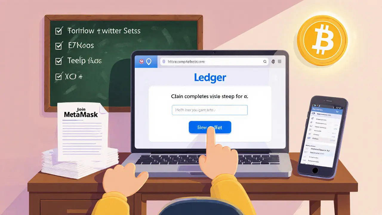 Cartoon character at a desk using a laptop, hardware wallet, and KYC documents to claim tokens.