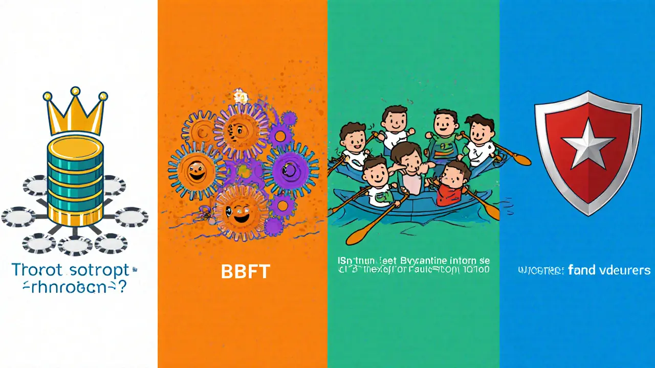 Cartoon four‑panel comparison of PoA, IBFT, Raft, and PBFT consensus mechanisms.