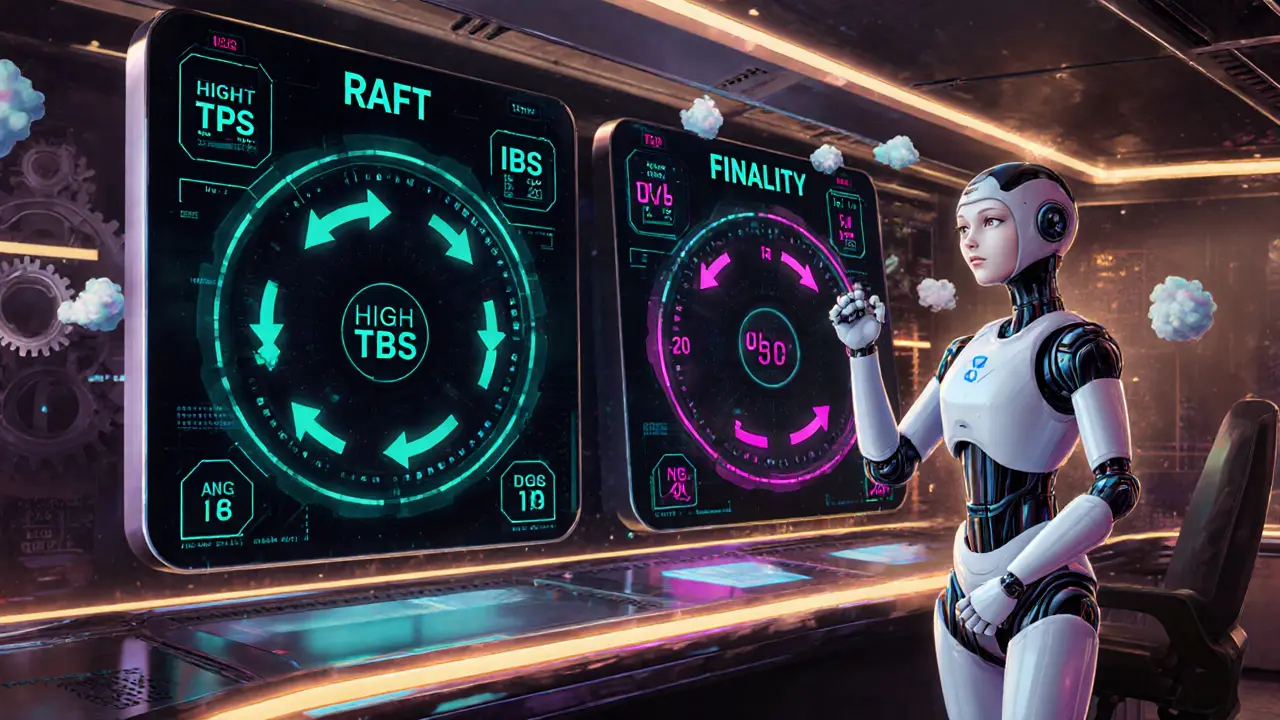 Cartoon futuristic control room with AI managing hybrid blockchain consensus.