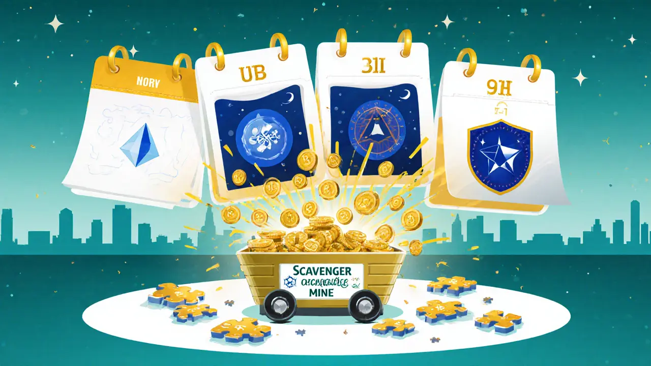 Calendar showing quarterly token unlocks and a mining cart with puzzle pieces.