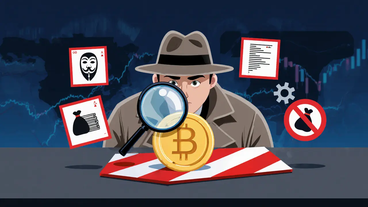 Cartoon detective examines BRETTA token surrounded by red‑flag warning icons.