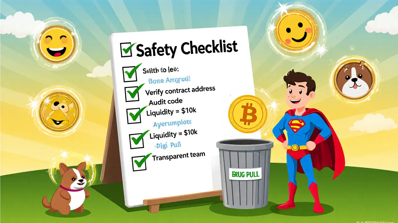 Cartoon superhero investor checks safety list while discarding BRETTA token into a trash bin.