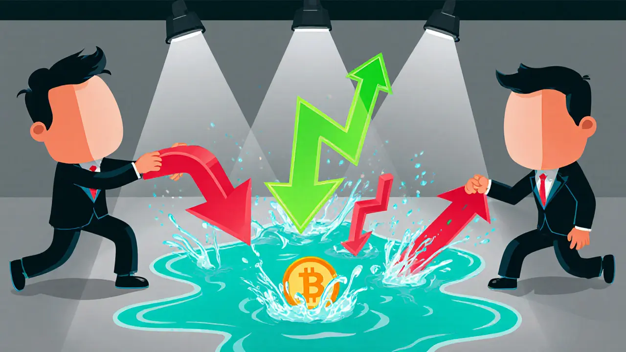 Cartoon traders push price arrows around a tiny liquid pool on a chaotic exchange floor.