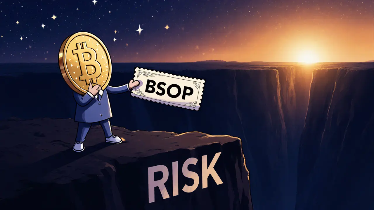Gambler holds a sparkling BSOP coin at the edge of a dark abyss, illustrating risk.