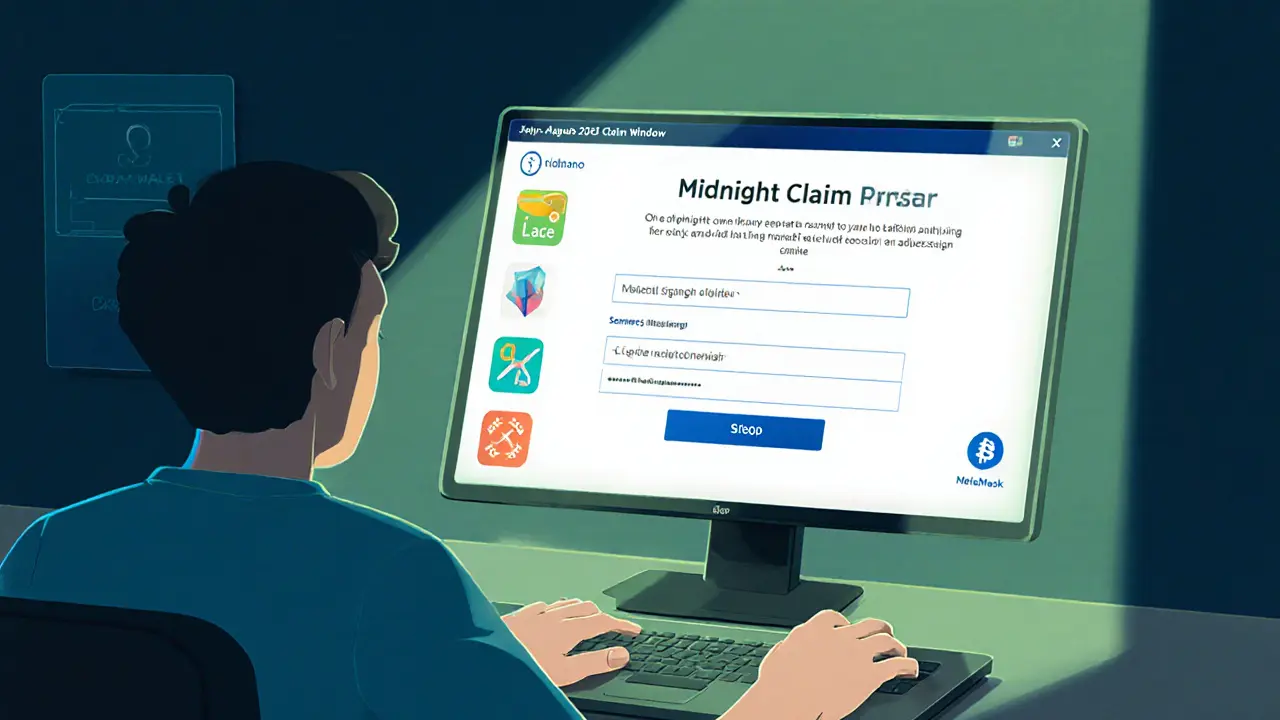 User signing a claim and entering a new Cardano address on a laptop with wallet icons.