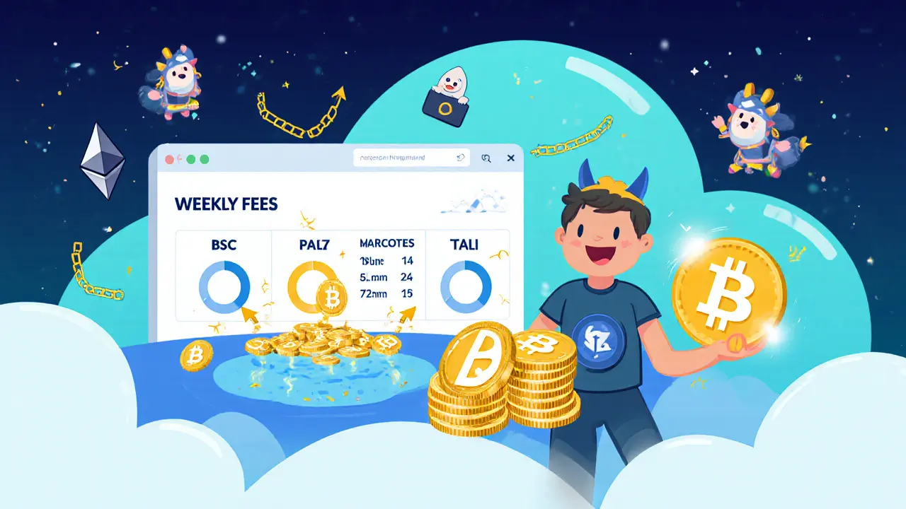 Cartoon dashboard showing NFT badge, TAUR tokens, and profit pool distribution.