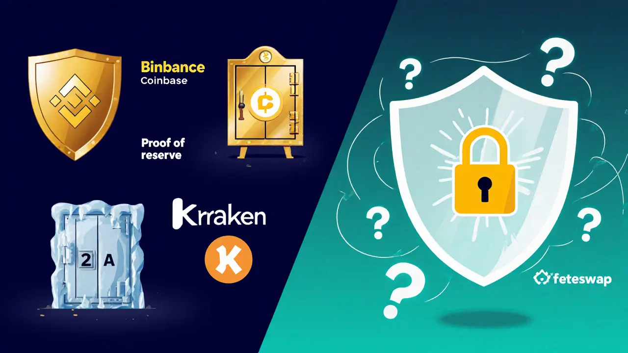 Security comparison shows strong shields for big exchanges, empty shield for Forteswap.