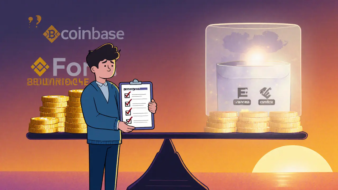 Trader balances known exchanges against mysterious Forteswap box with checklist.