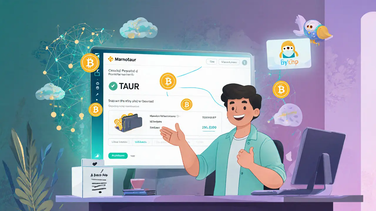 User viewing rewards on a dApp screen with TAUR tokens flowing into a wallet.