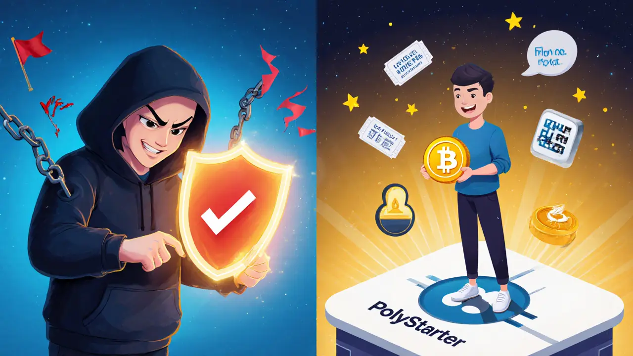 Split scene with a phishing scam warning and a happy user on the launchpad.