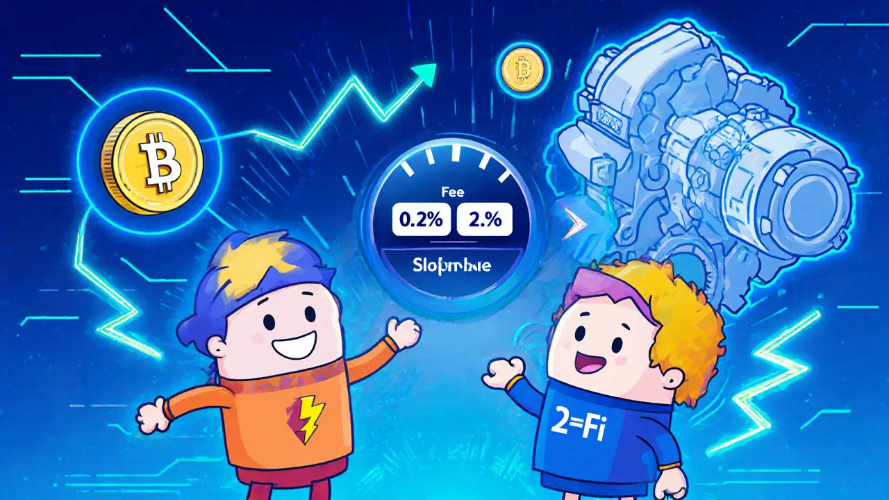 Two cartoon characters trade tokens, showing price slippage and fee meters with hybrid engine symbols.