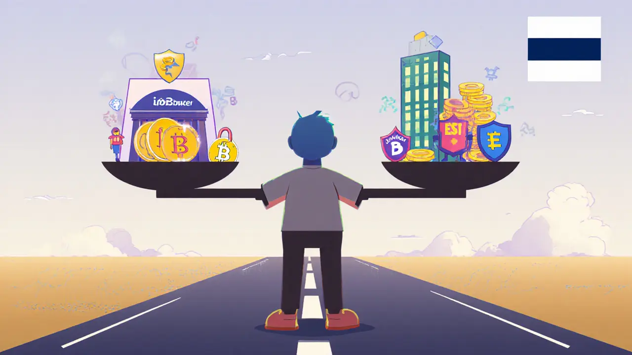 User balances ioBanker DEX against big exchanges on a scale, highlighting pros and cons.