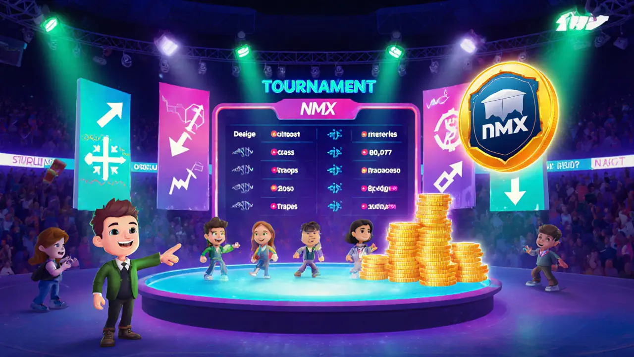 Animated avatars compete in a crypto tournament arena collecting glowing NMX tokens.