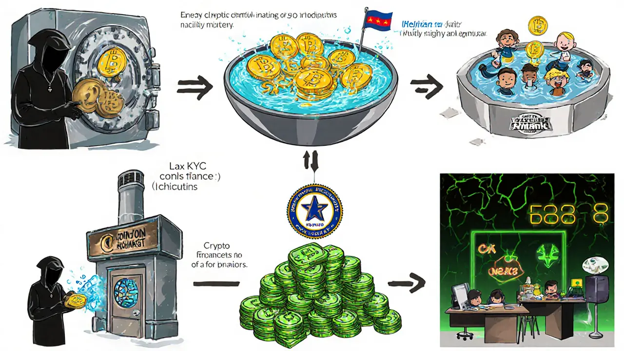 Cartoon flow of North Korean hackers moving crypto through mixers to cash out.