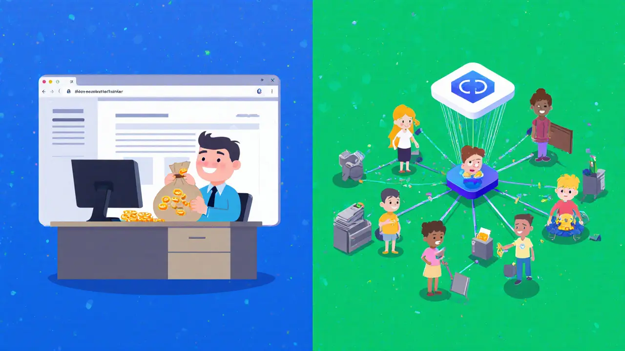 Cartoon split view of a single‑operator mixer versus a networked CoinJoin mixer.