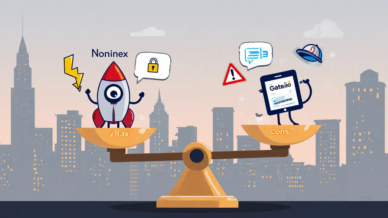 Scales compare Nominex and Gate.io, showing pros and cons with icons of security and limits.