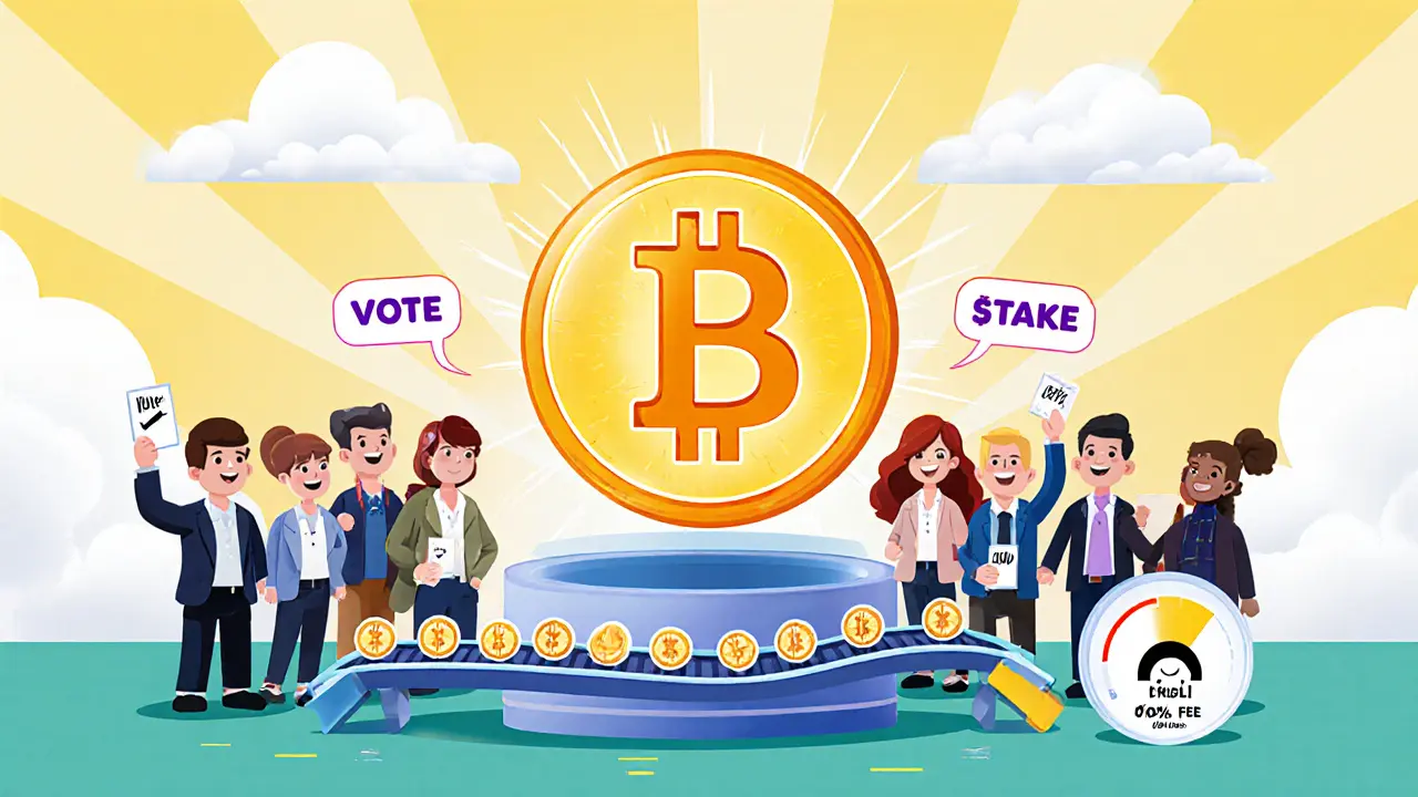 Cartoon characters voting and staking MERL tokens with a fast transaction belt and low fee meter.