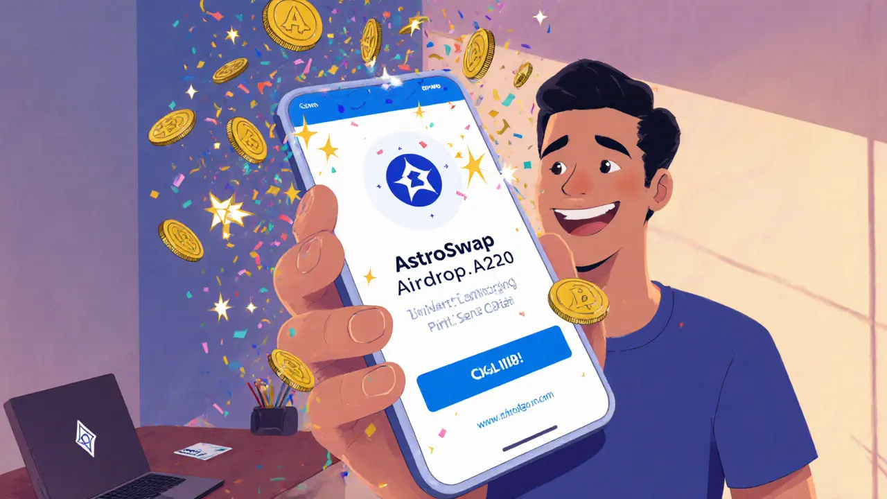 Cartoon of a user claiming an AstroSwap airdrop on a mobile phone with coins raining down.