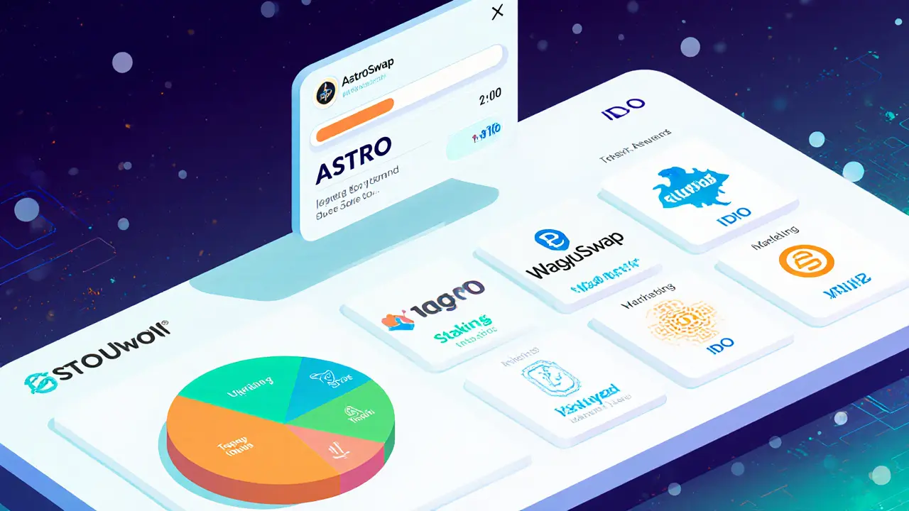 Cartoon of an IDO launchpad screen showing token sale, partners, and tokenomics chart.