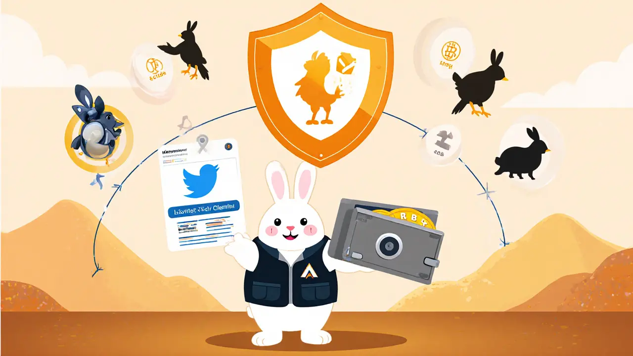 Cartoon rabbit demonstrating a secure airdrop claim with wallet and shield.
