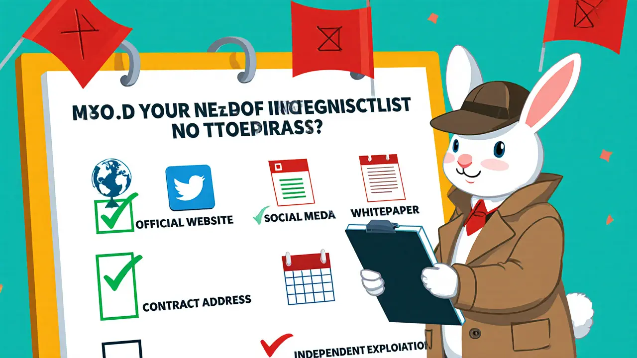 Cartoon rabbit detective checking a five‑point airdrop verification checklist.