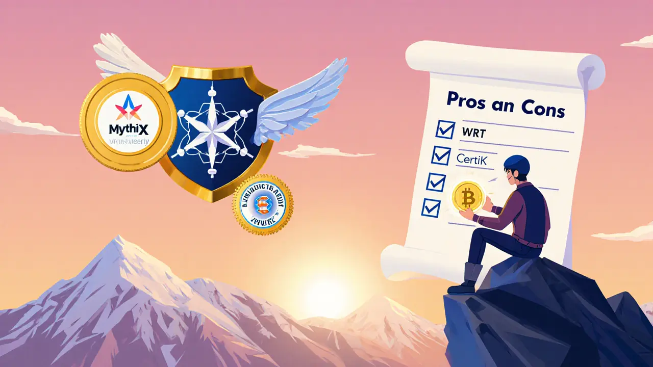 Cartoon rider on Cardano mountain reviewing pros and cons with audit shield and tokens.