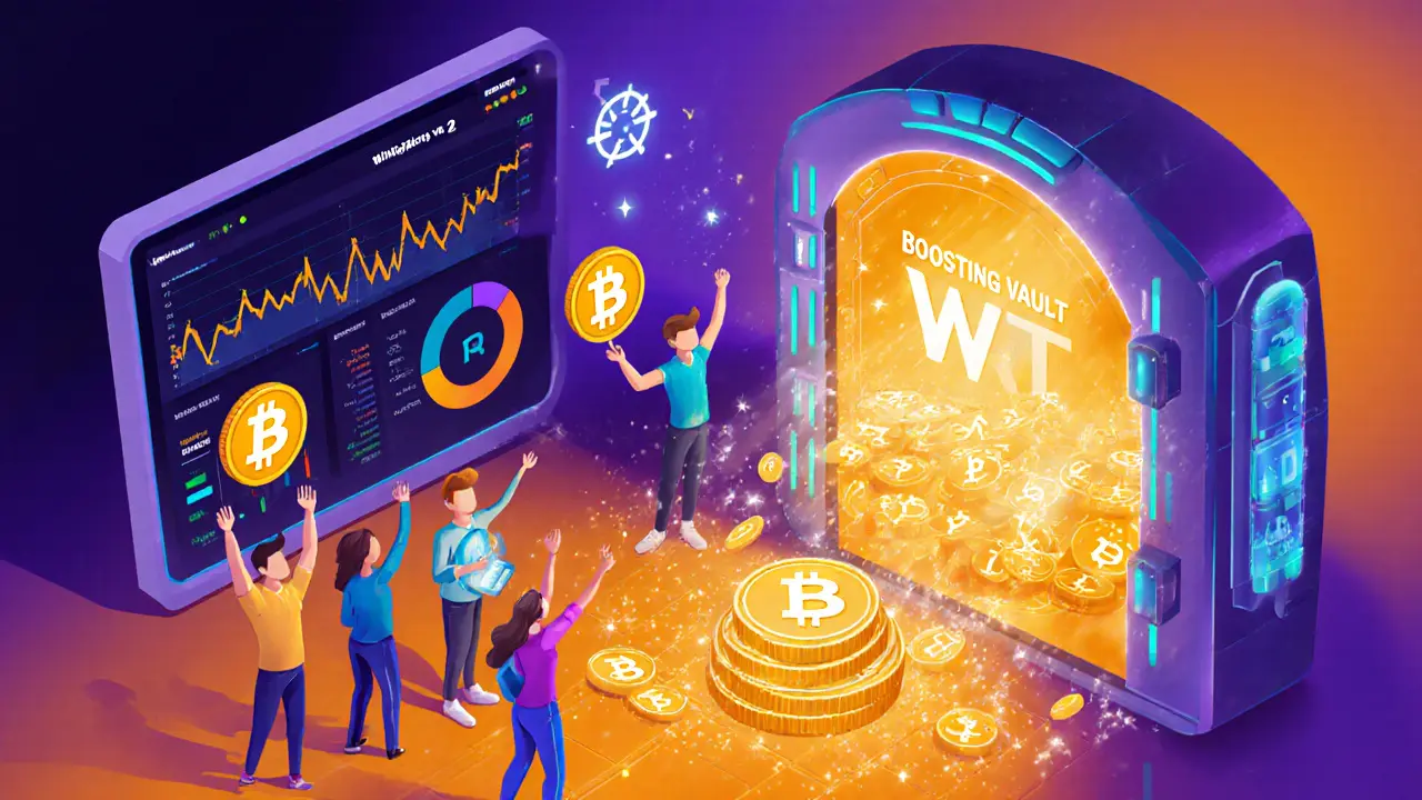 Cartoon scene shows Boosting Vault opening, stablecoins flowing, and riders celebrating.