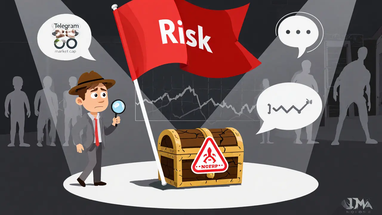 Cartoon warning with red flags and zero‑supply signs highlighting DeMCP’s high risk.