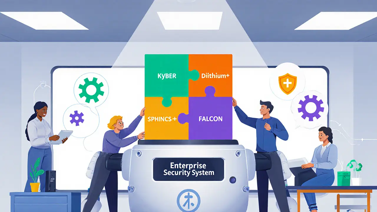 Engineers swapping puzzle‑piece PQC algorithms into a security robot.