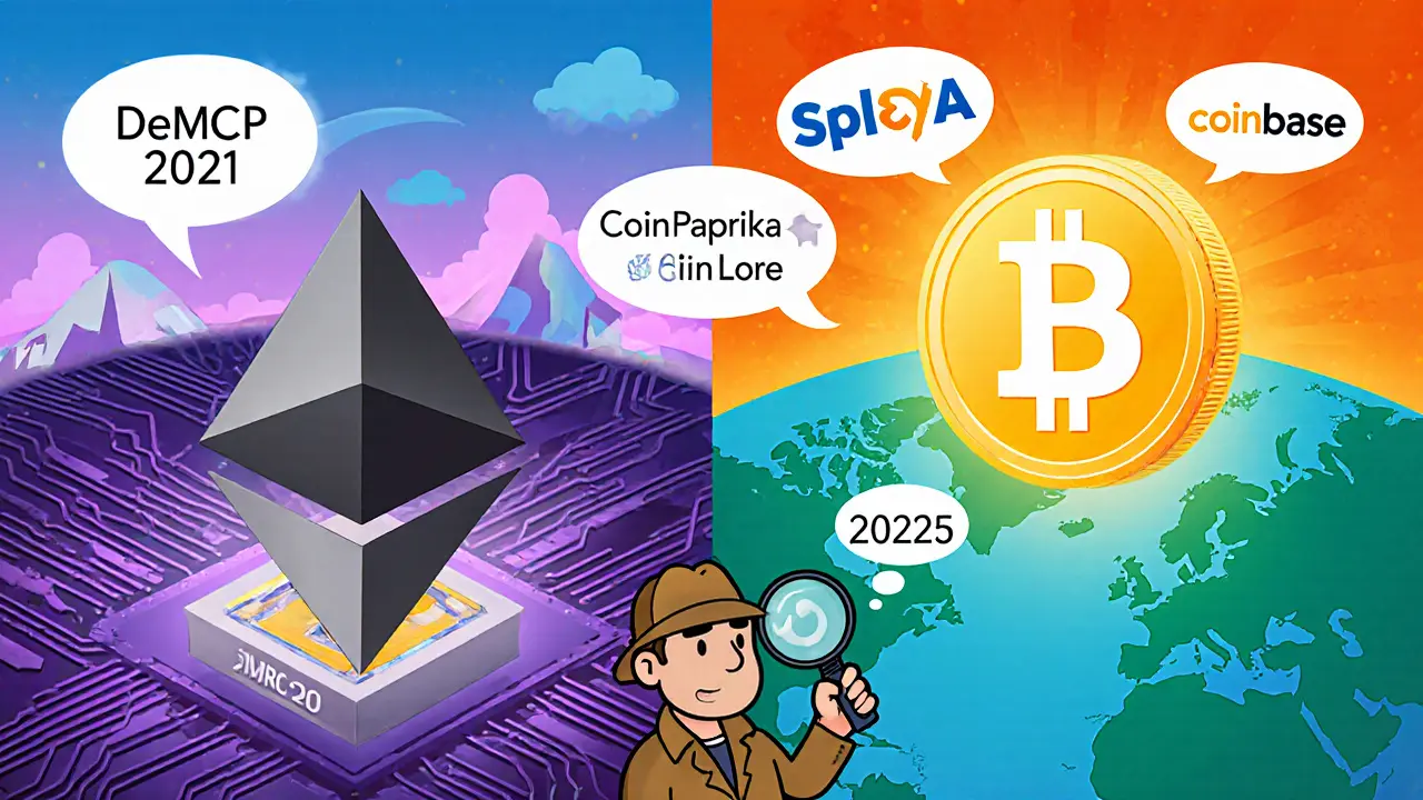 Split cartoon comparing Ethereum and Solana versions of DeMCP with conflicting details.