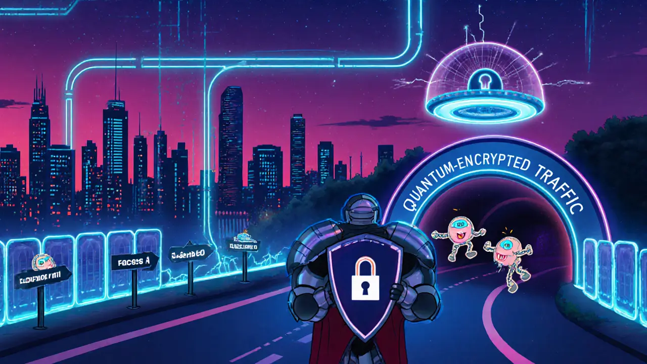 Zero‑trust hero defending a city from AI malware in quantum‑encrypted tunnels.