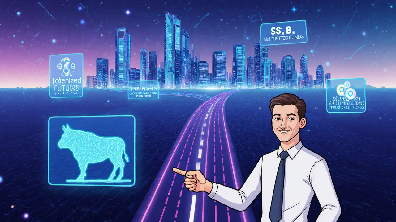 Analyst points to a glowing roadmap of future crypto products in a futuristic city.