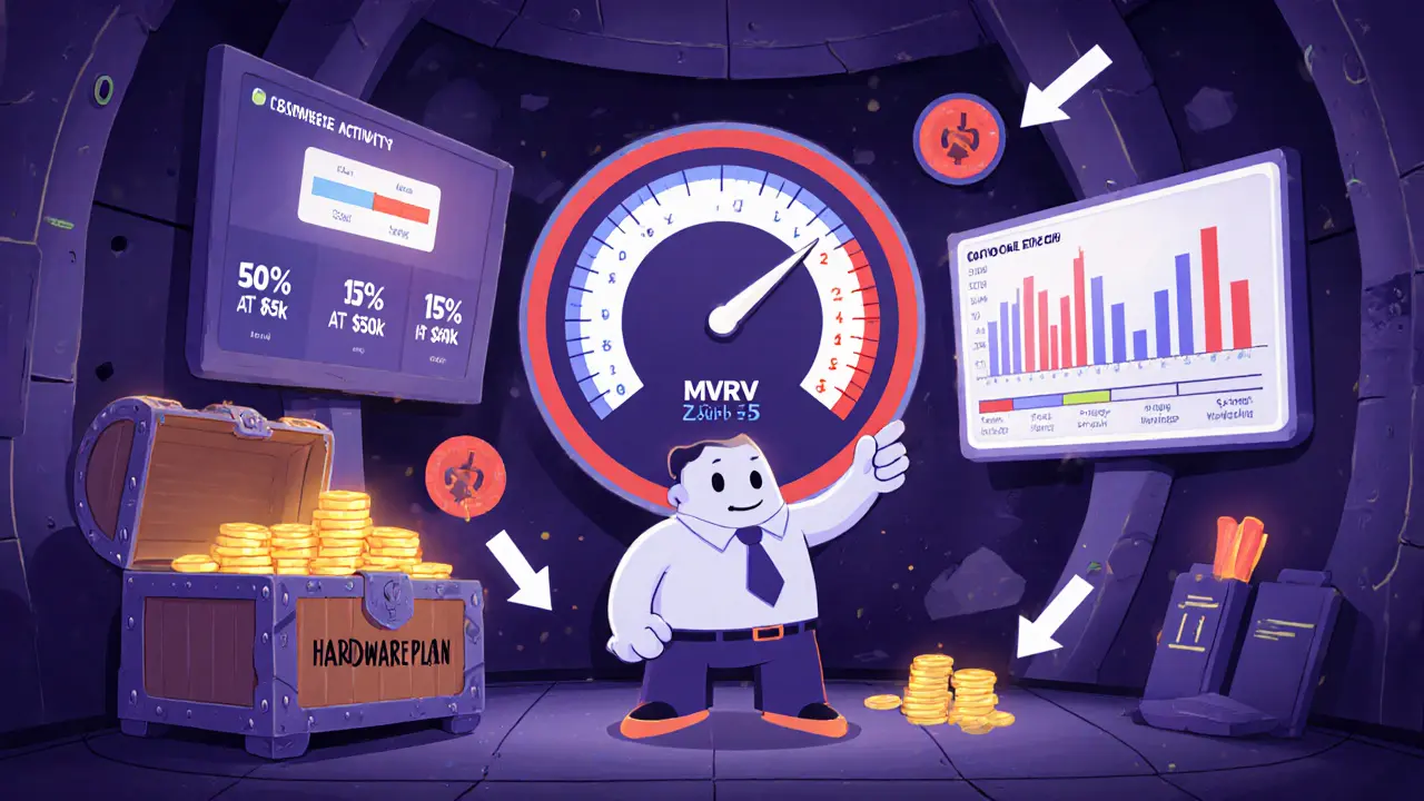 Cartoon analyst checks low MVRV Z‑Score and Fear & Greed gauges, plans tiered crypto exit.
