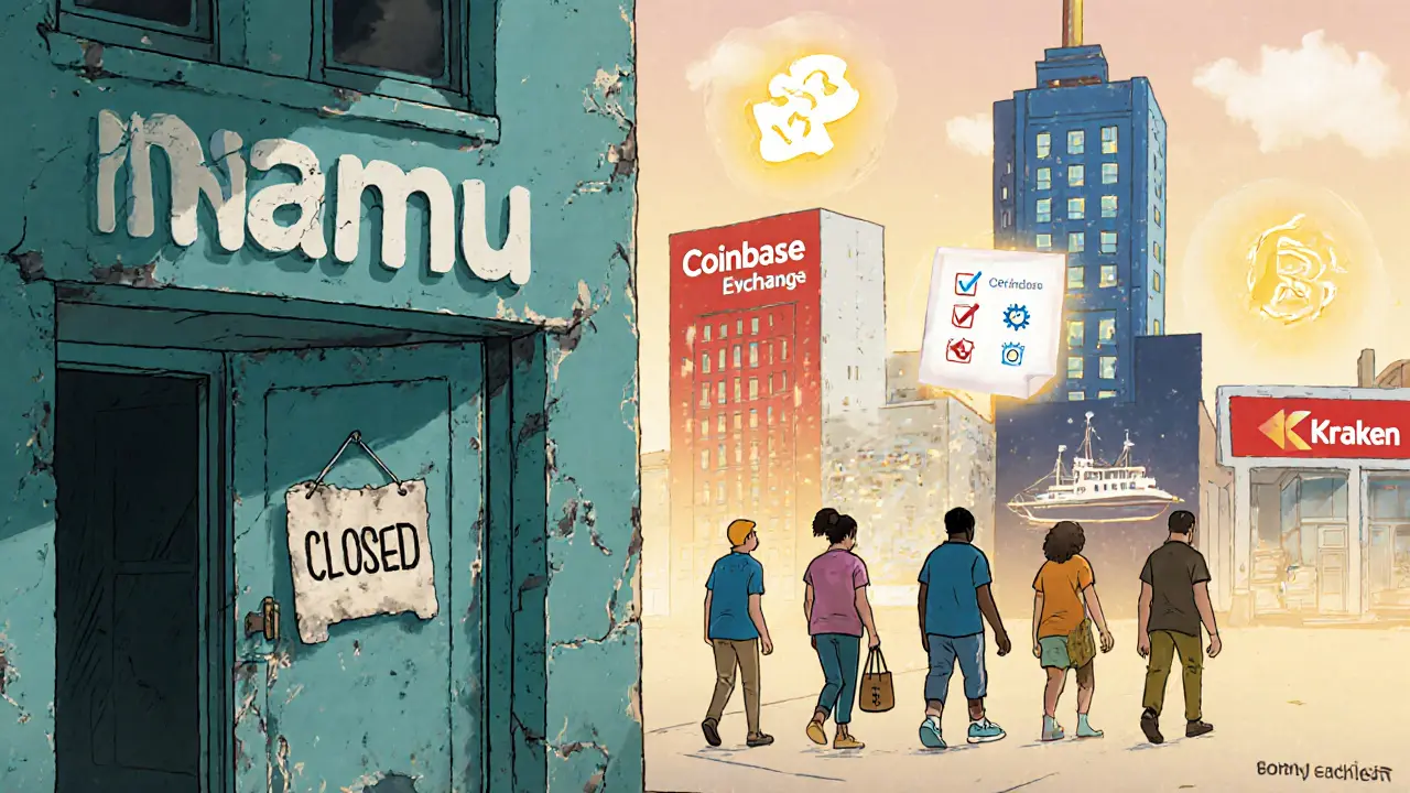 Cartoon depicts the closed Nanu Exchange building and former users moving to larger, secure exchanges.