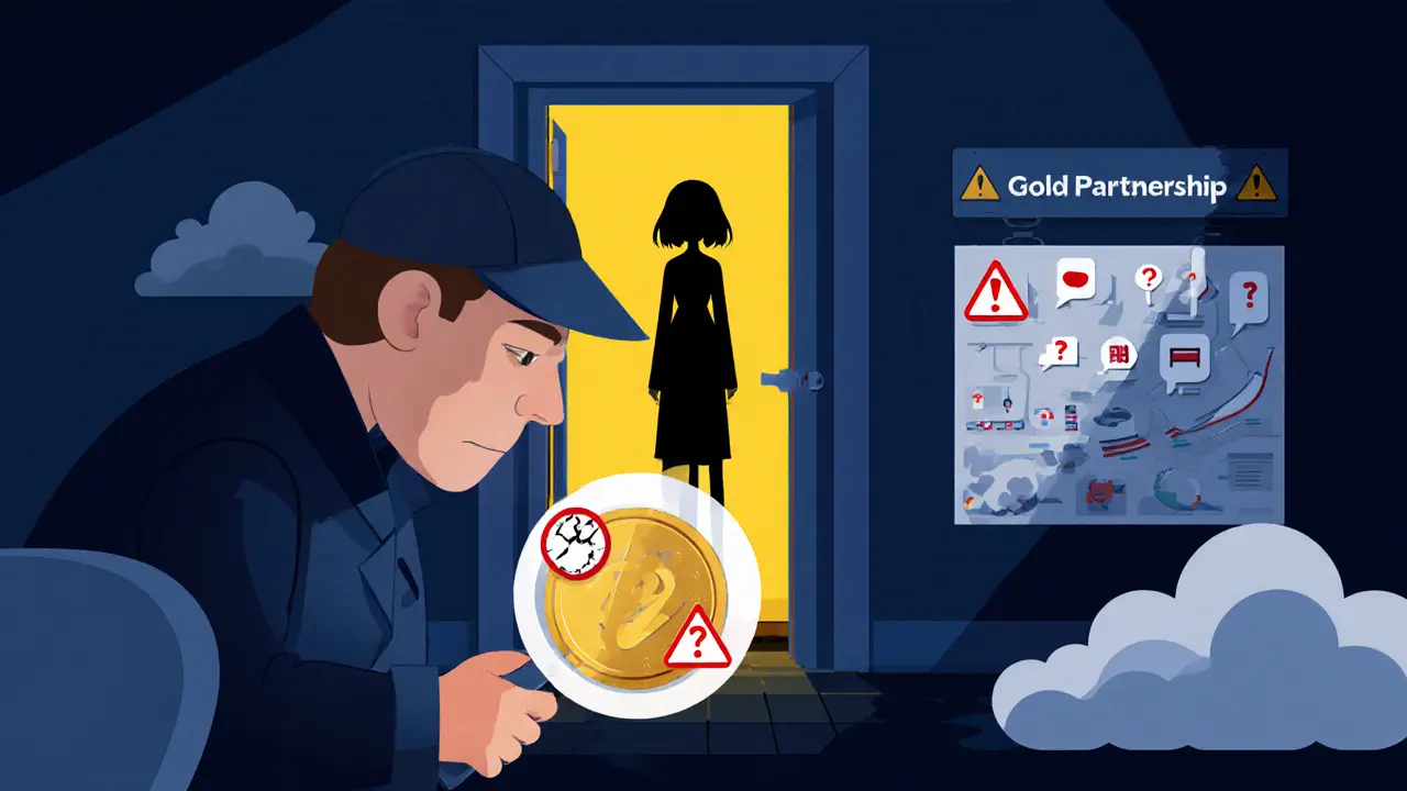 Cartoon detective inspecting PLT coin with red flags and a hopeful manga partnership backdrop.