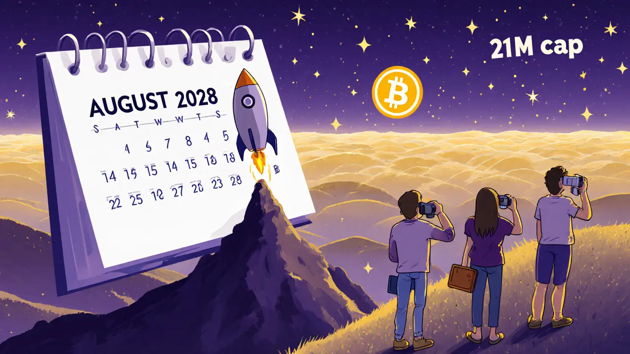 Cartoon future scene of a Bitcoin rocket heading to 2028 halving, investors watching from a hill.
