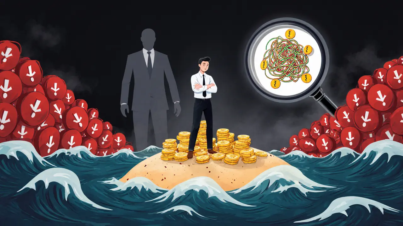 Cartoon investor on a tiny island surrounded by red warning waves and a magnifying glass over tangled token supply.
