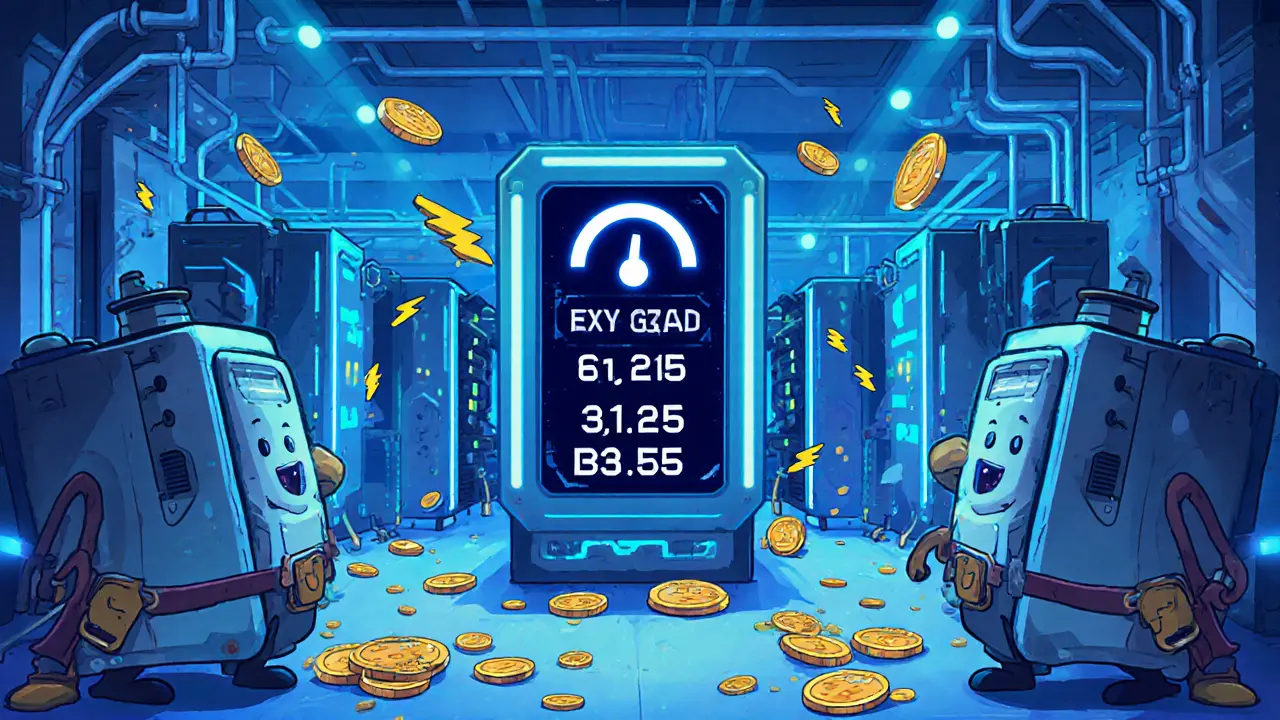 Cartoon mining farm with rigs, a gauge dropping reward from 6.25 to 3.125 BTC, and small fee symbols.