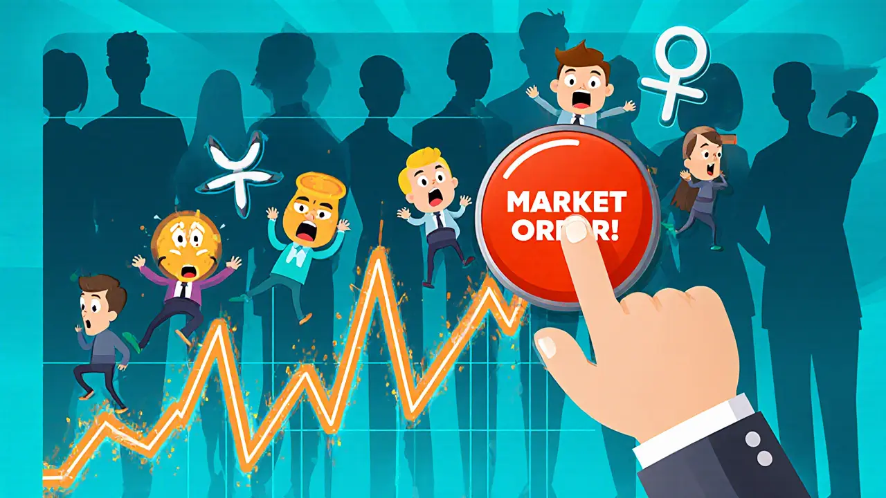 Cartoon scene showing a thin order book where a market order causes a big price swing, frustrating traders.