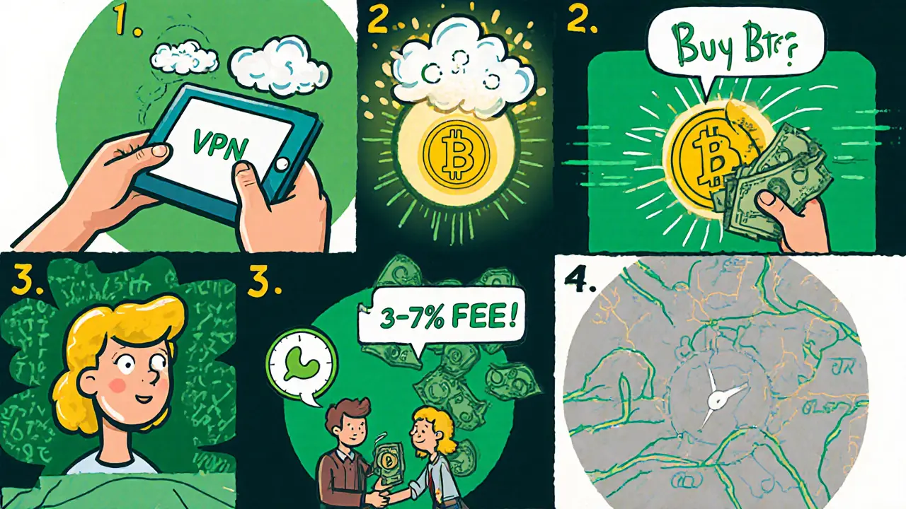 Cartoon strip showing VPN use, WhatsApp trade, cash exchange, and Bitcoin transfer with fees.
