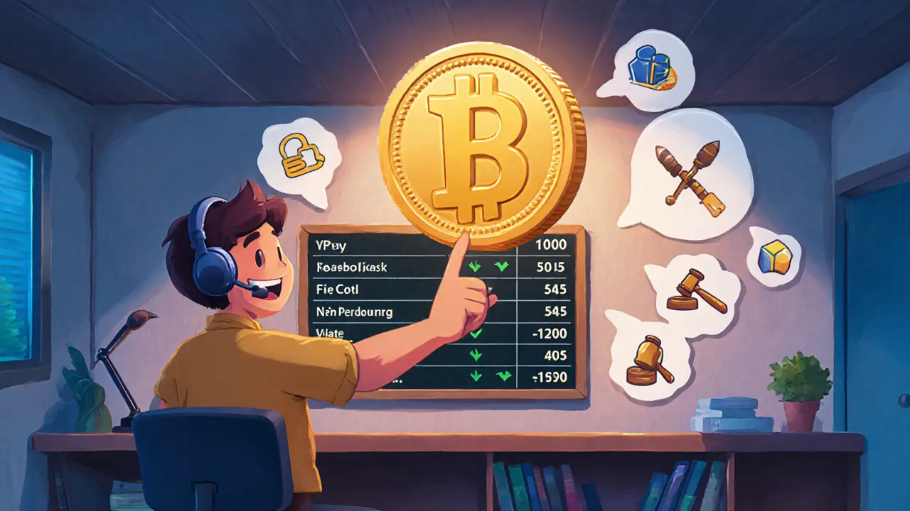 Cartoon trader at a small exchange showing PLT coin with low volume and utility icons.