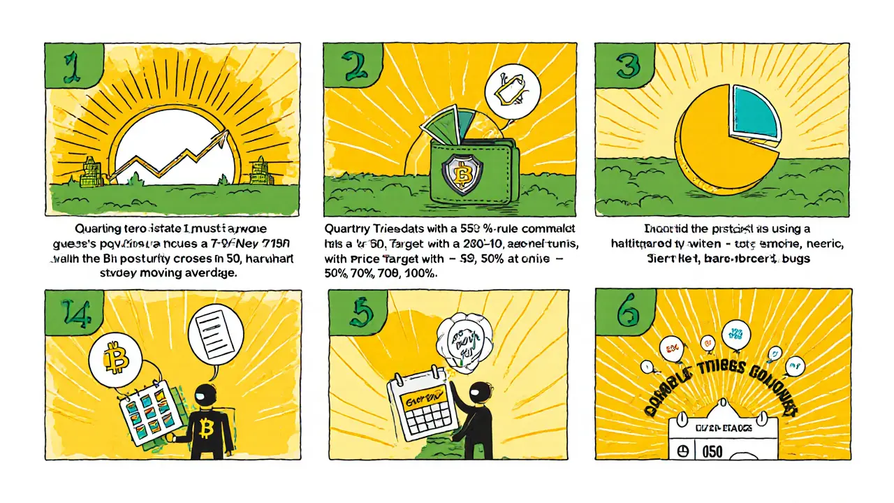 Comic‑style roadmap shows steps from entry to tiered exit and stop‑loss for crypto holdings.
