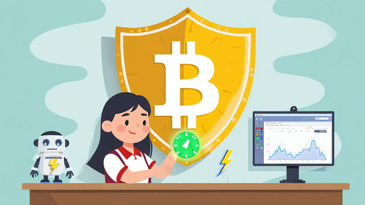 Merchant checking transaction confirmations, shielded by blockchain, with Lightning Network and monitoring icons.