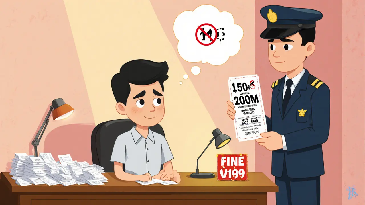 Merchant receives a large fine ticket from an SBV officer in a cartoon office.