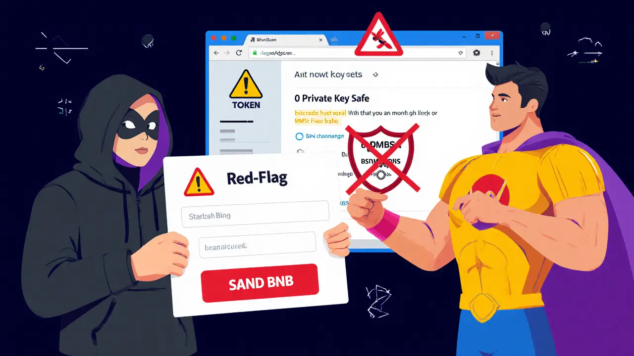 Red‑flag scene showing a hacker with a fake claim form and a user blocking it, BscScan shows zero transactions.