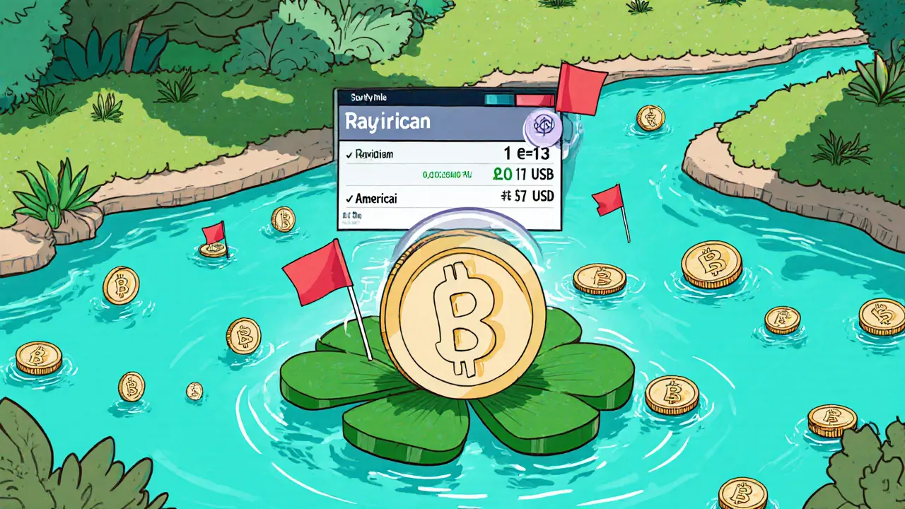 Solana landscape with tiny AMERICAI tokens and red flag warnings.