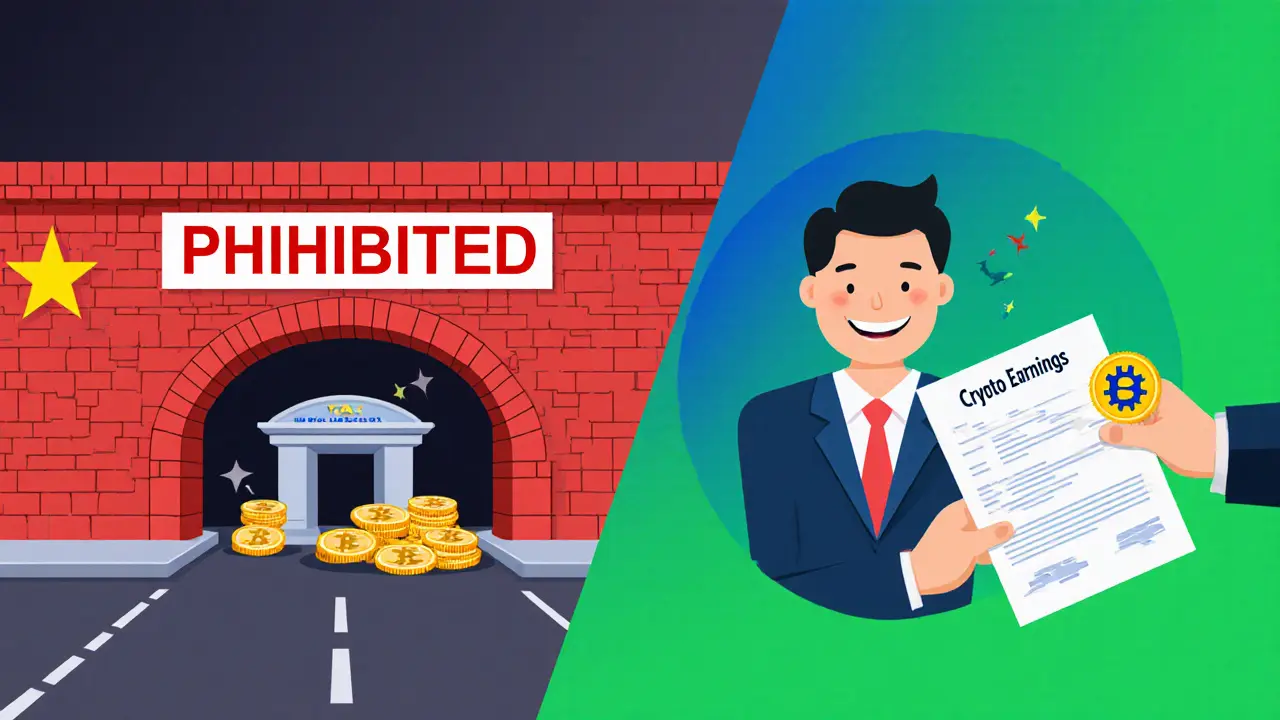 Split illustration showing a crypto payment blocked by a wall and a hopeful tax/licensing scene.