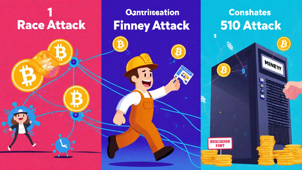 Three cartoon panels showing race attack, Finney attack, and 51% attack with exaggerated characters.